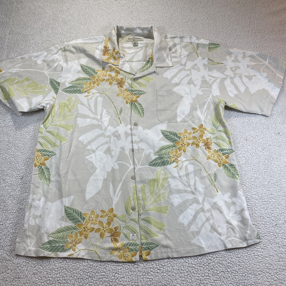 Tommy Bahama Shirt Men XL Beige Silk Floral Camp Button Up Tropical Short Sleeve